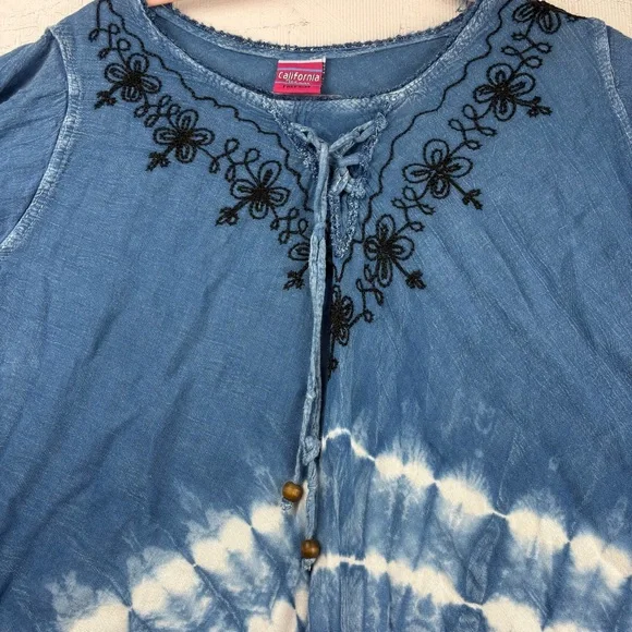 VTG California Woman Free Size Blue Tie-Dye Women's Top Embroidered - Picture 5 of 6